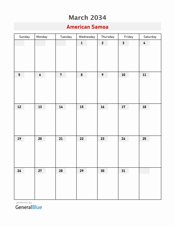 American Samoa March 2034 Calendar with Holidays