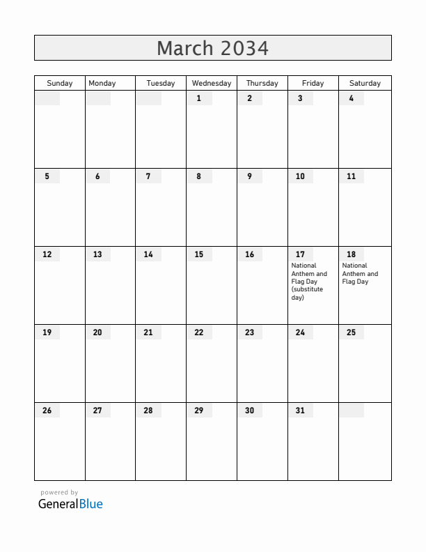 Aruba March 2034 Calendar with Holidays