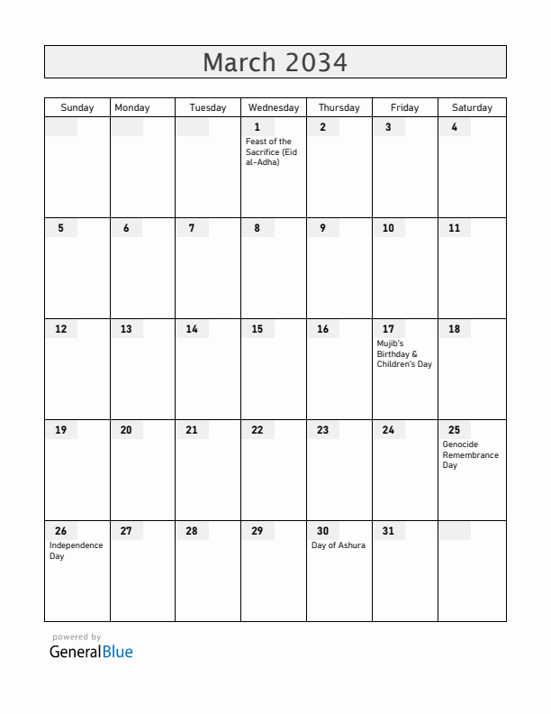 Bangladesh March 2034 Calendar with Holidays