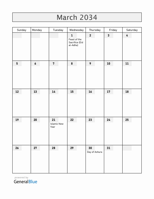 Bahrain March 2034 Calendar with Holidays
