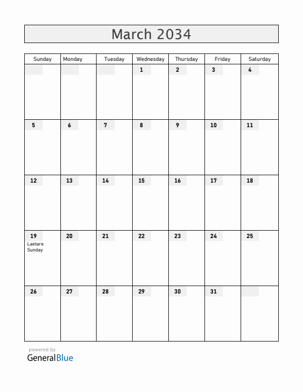 Saint Barthelemy March 2034 Calendar with Holidays