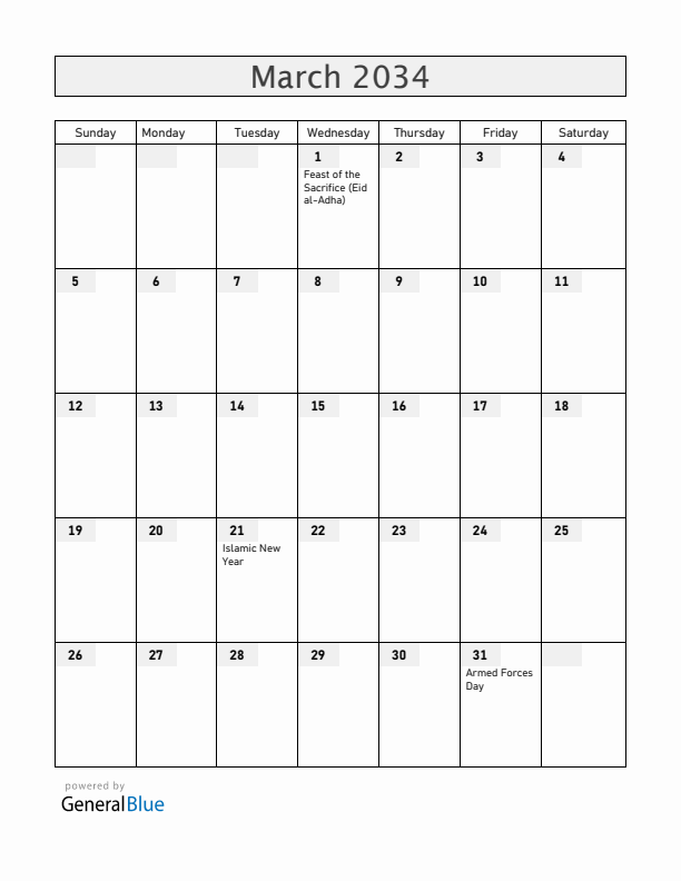 Brunei March 2034 Calendar with Holidays