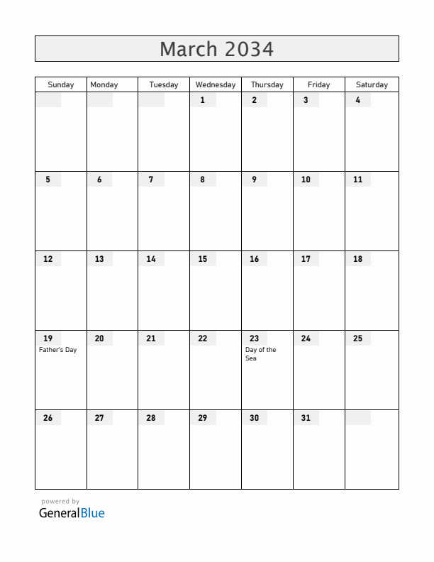 Bolivia March 2034 Calendar with Holidays