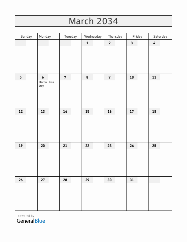 Belize March 2034 Calendar with Holidays