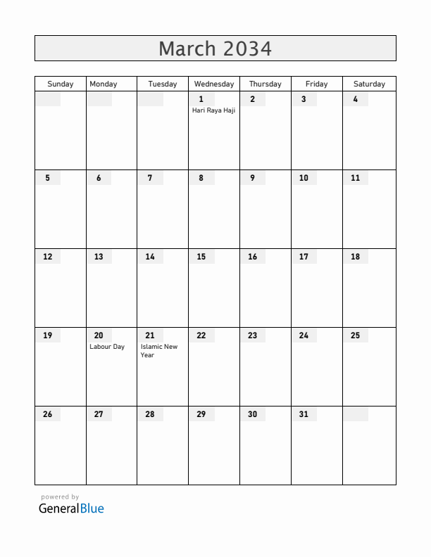 Cocos Islands March 2034 Calendar with Holidays