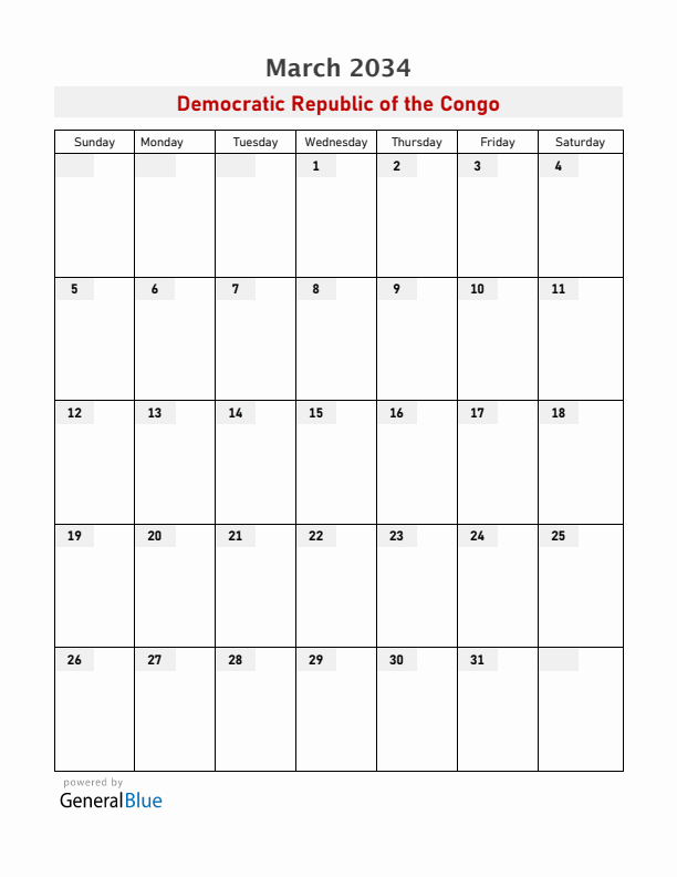 Democratic Republic of the Congo March 2034 Calendar with Holidays