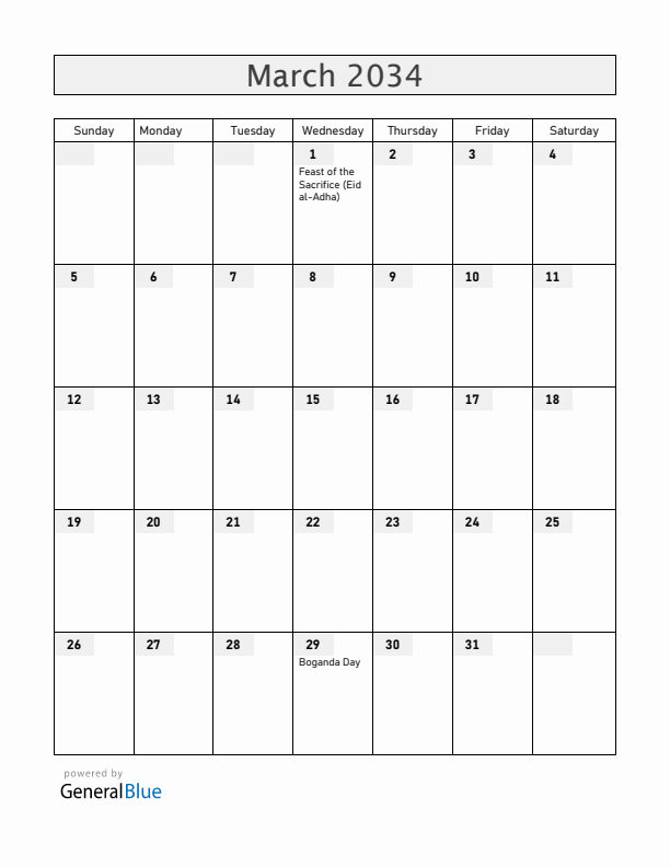 Central African Republic March 2034 Calendar with Holidays