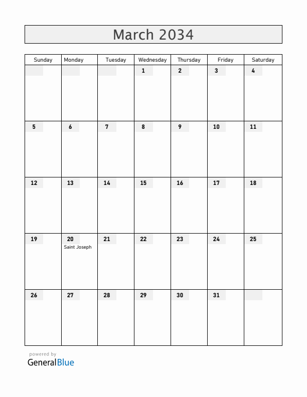 Colombia March 2034 Calendar with Holidays