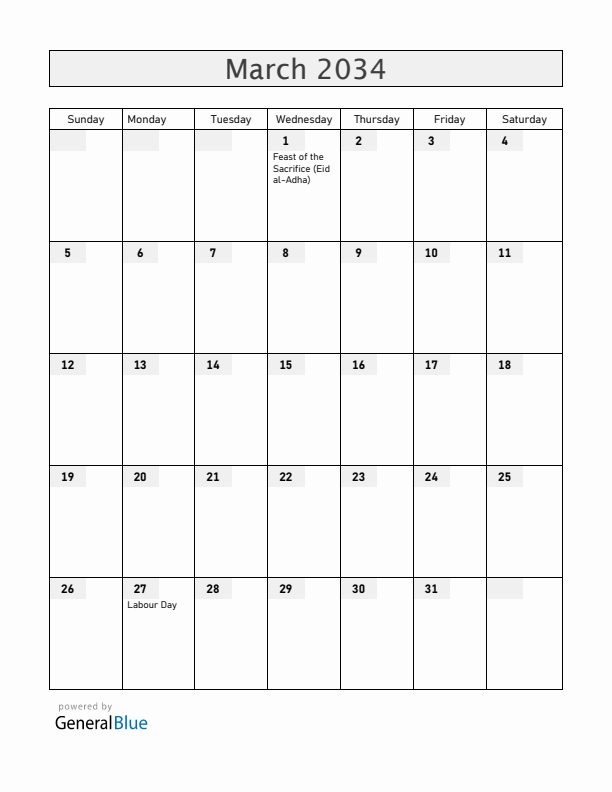 Christmas Island March 2034 Calendar with Holidays