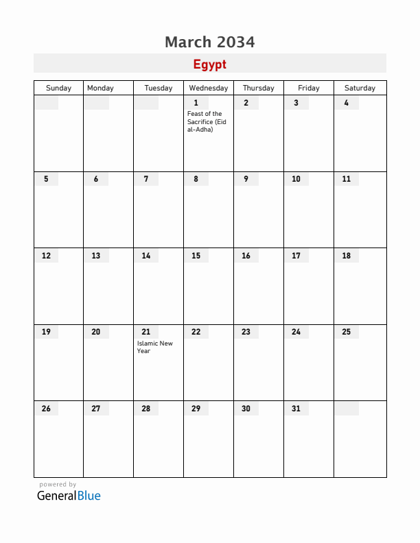Egypt March 2034 Calendar with Holidays