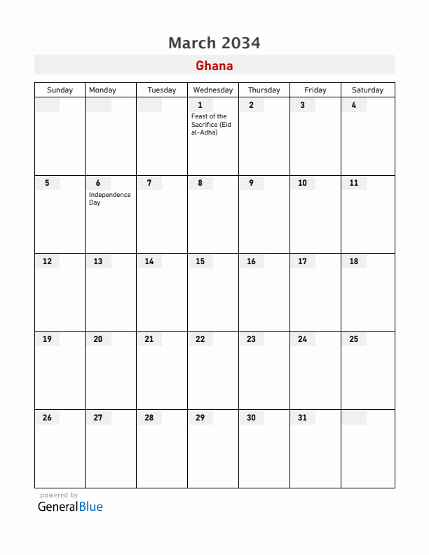 Ghana March 2034 Calendar with Holidays