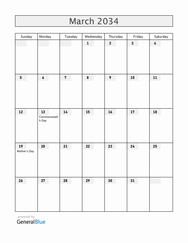 Gibraltar March 2034 Calendar with Holidays
