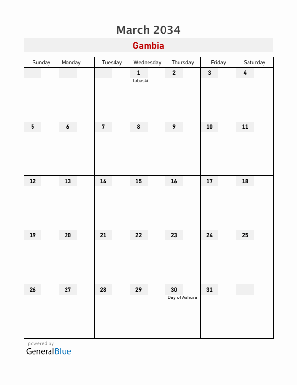 Gambia March 2034 Calendar with Holidays