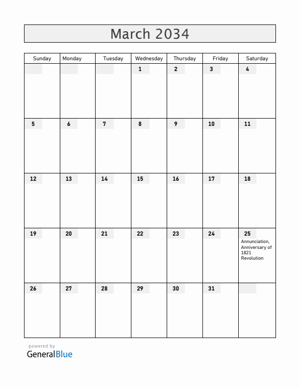 Greece March 2034 Calendar with Holidays