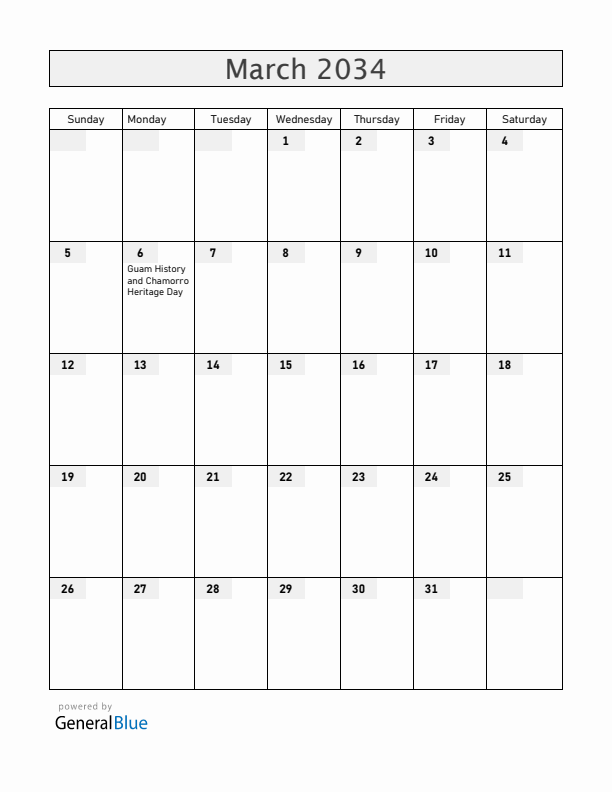 Guam March 2034 Calendar with Holidays