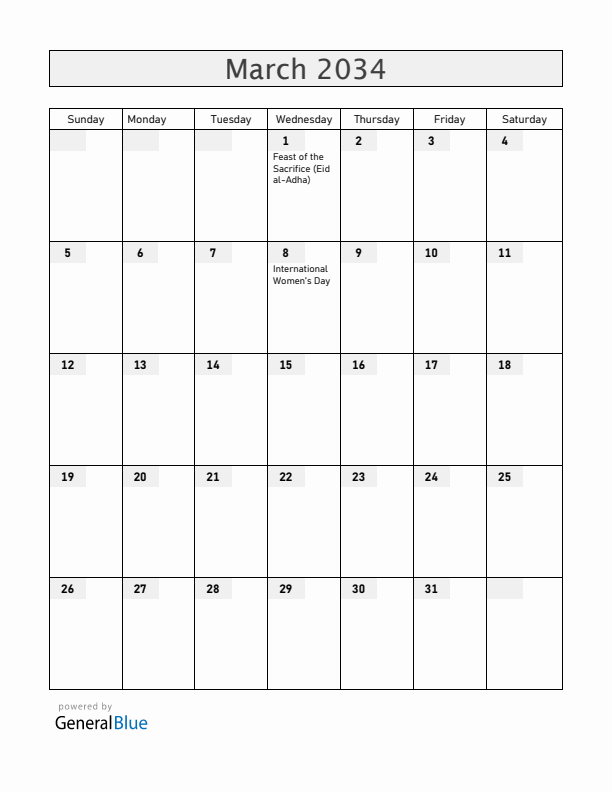 Croatia March 2034 Calendar with Holidays