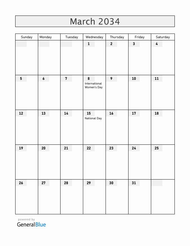 Hungary March 2034 Calendar with Holidays