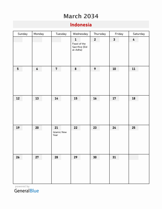 Indonesia March 2034 Calendar with Holidays