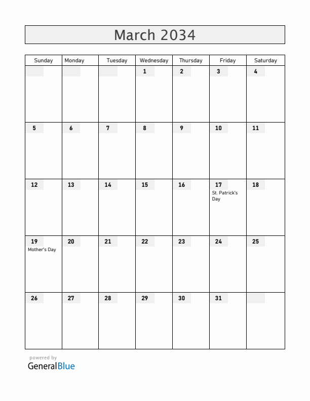 Ireland March 2034 Calendar with Holidays