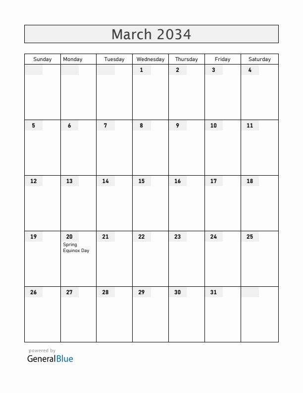Japan March 2034 Calendar with Holidays