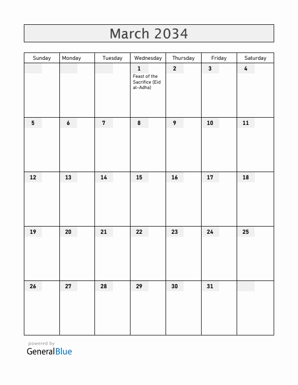 Kenya March 2034 Calendar with Holidays