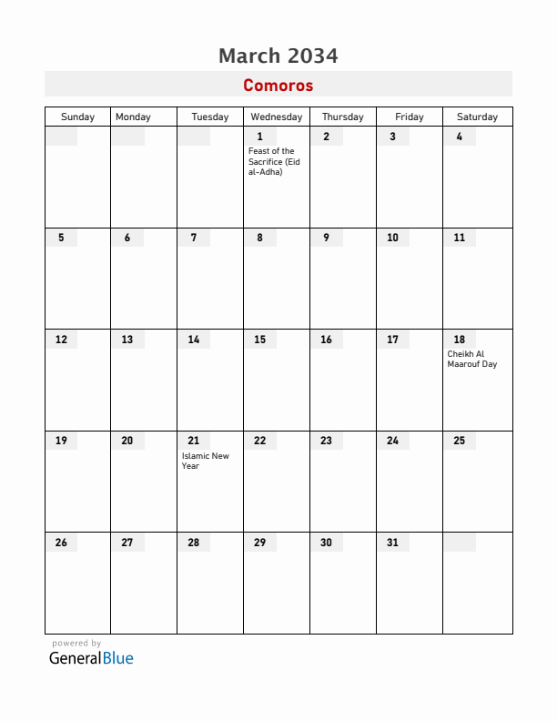 Comoros March 2034 Calendar with Holidays