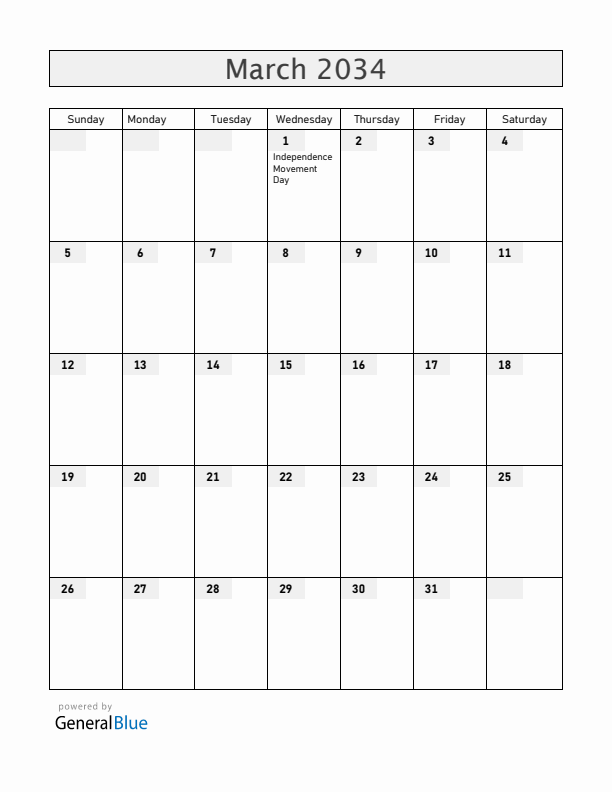 South Korea March 2034 Calendar with Holidays