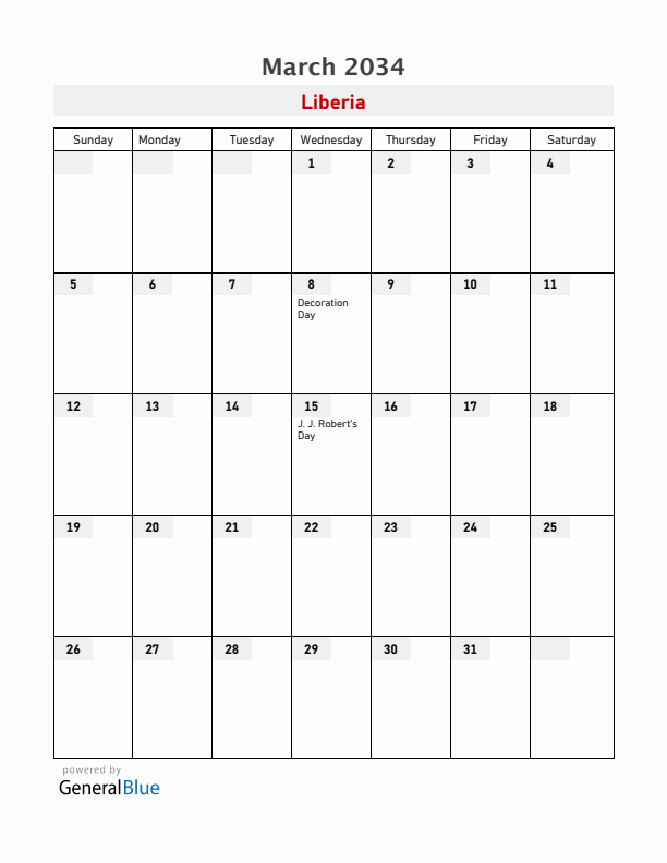 Liberia March 2034 Calendar with Holidays