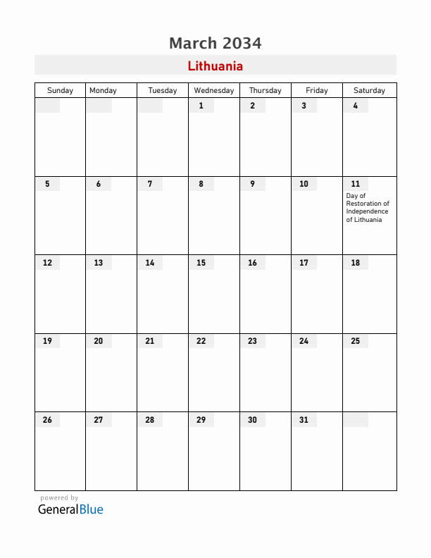 Lithuania March 2034 Calendar with Holidays