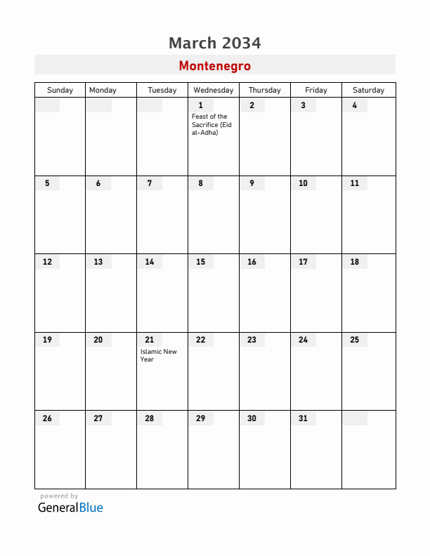 Montenegro March 2034 Calendar with Holidays
