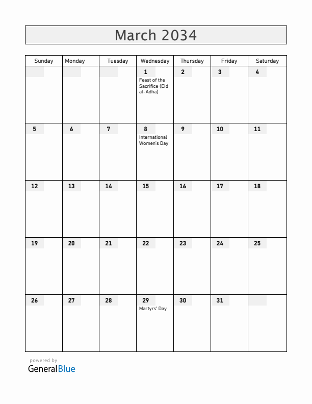 Madagascar March 2034 Calendar with Holidays