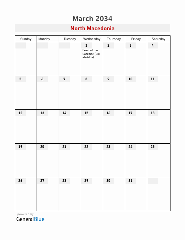 North Macedonia March 2034 Calendar with Holidays