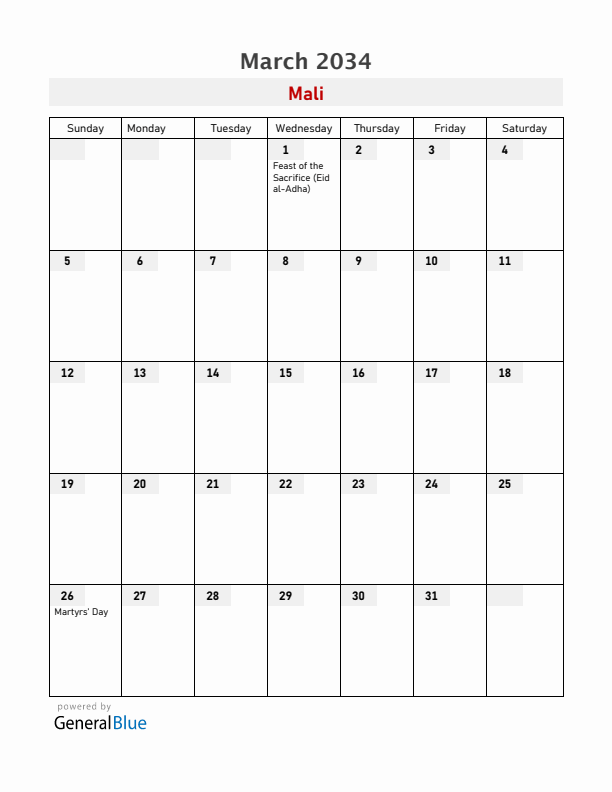 Mali March 2034 Calendar with Holidays