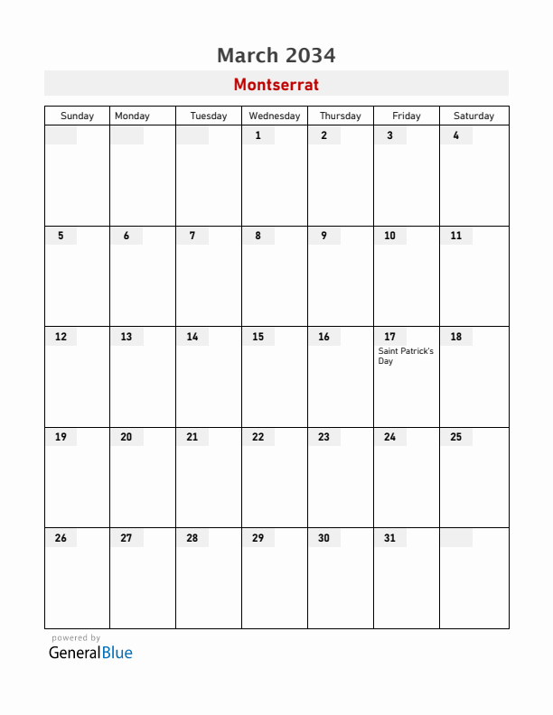 Montserrat March 2034 Calendar with Holidays