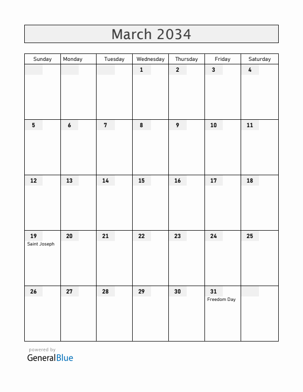 Malta March 2034 Calendar with Holidays