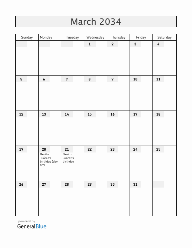 Mexico March 2034 Calendar with Holidays