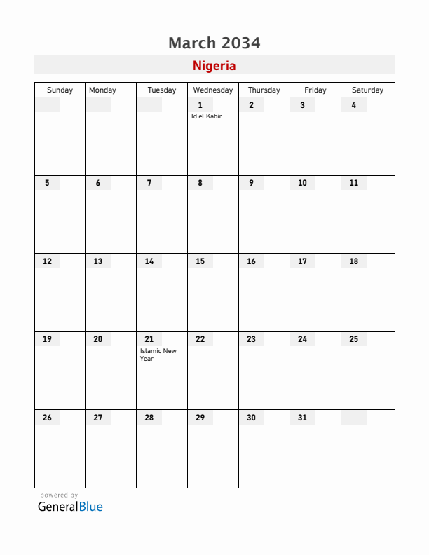 Nigeria March 2034 Calendar with Holidays
