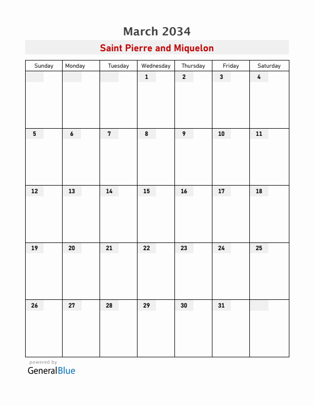 Saint Pierre and Miquelon March 2034 Calendar with Holidays