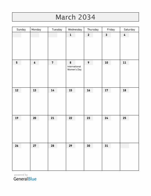 Russia March 2034 Calendar with Holidays
