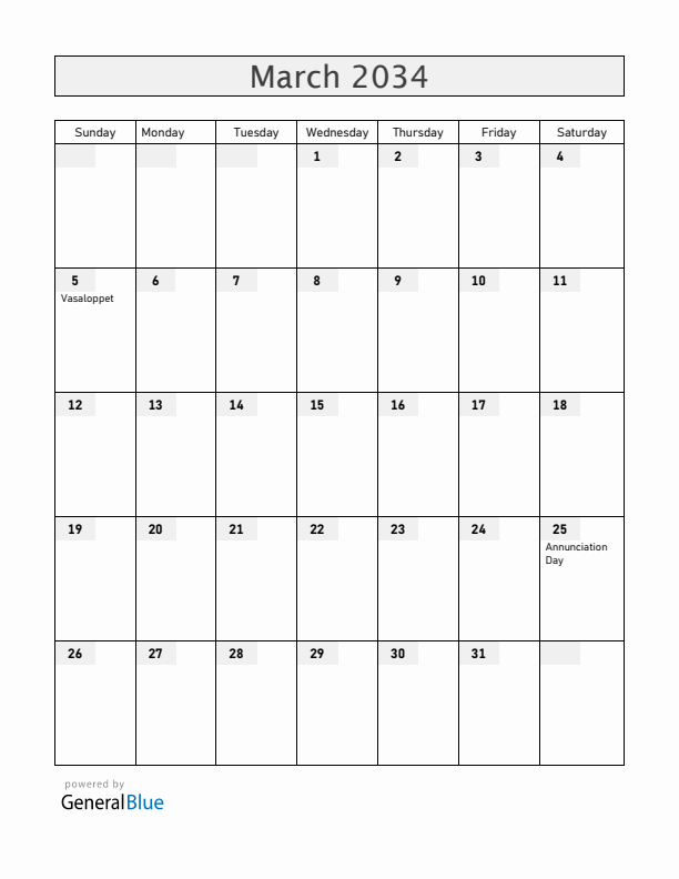 Sweden March 2034 Calendar with Holidays