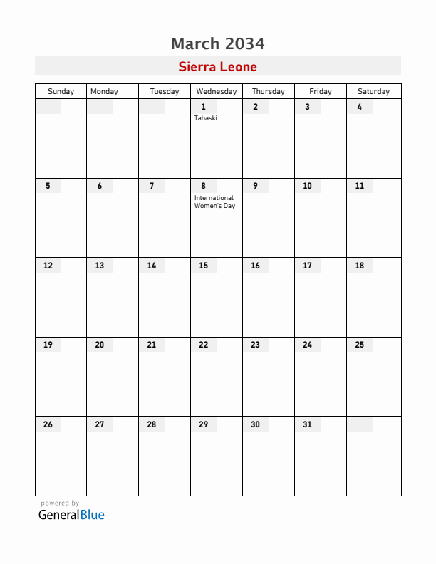 Sierra Leone March 2034 Calendar with Holidays