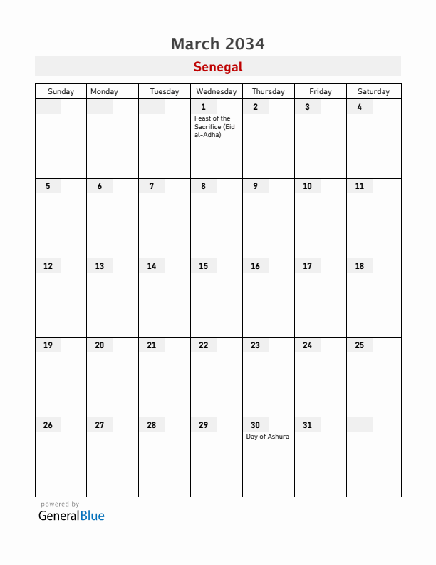 Senegal March 2034 Calendar with Holidays