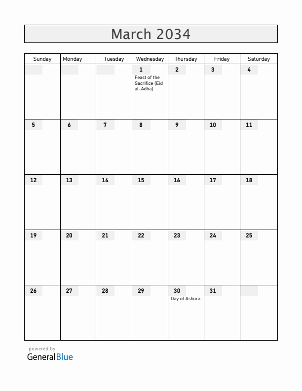 Somalia March 2034 Calendar with Holidays