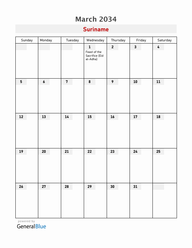 Suriname March 2034 Calendar with Holidays