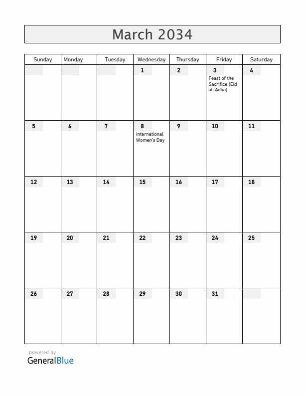South Sudan March 2034 Calendar with Holidays