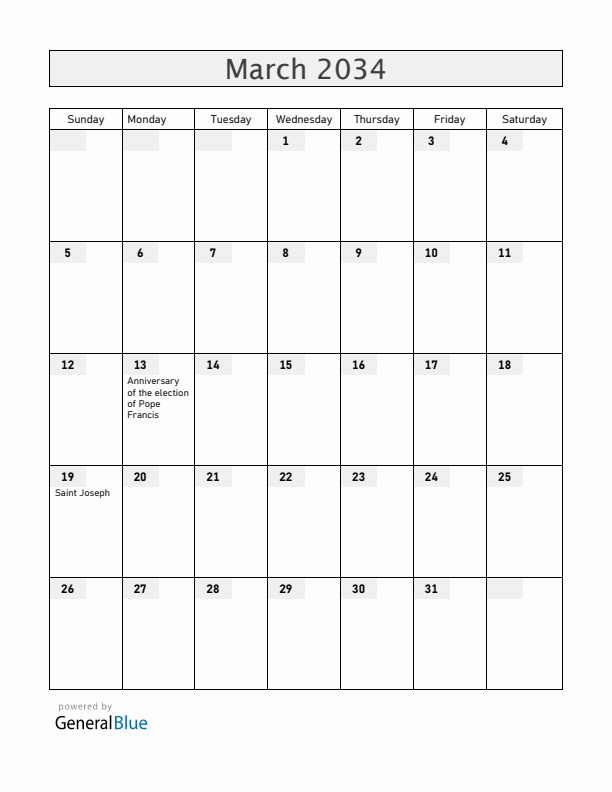 Vatican March 2034 Calendar with Holidays