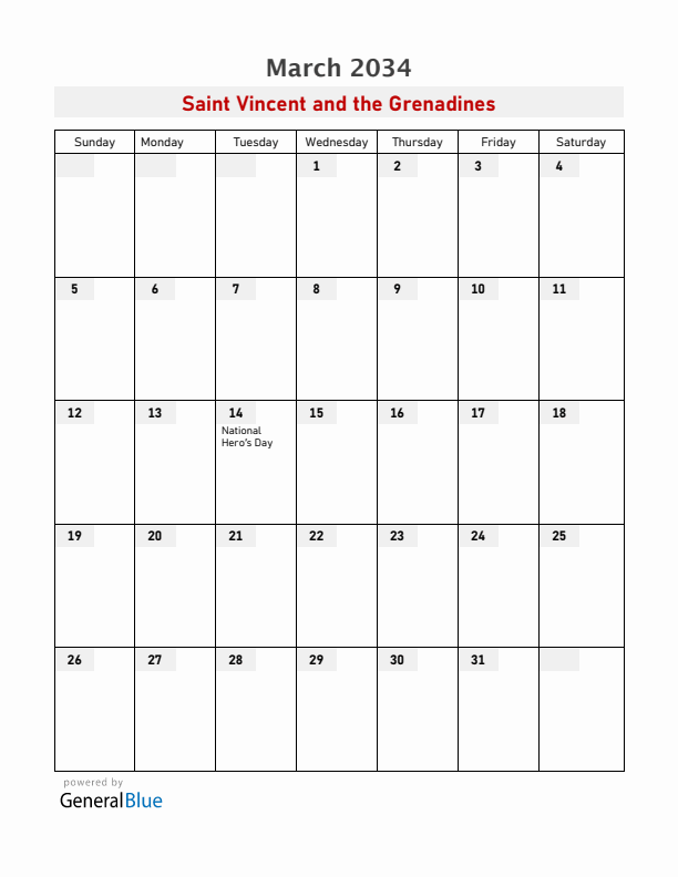 Saint Vincent and the Grenadines March 2034 Calendar with Holidays