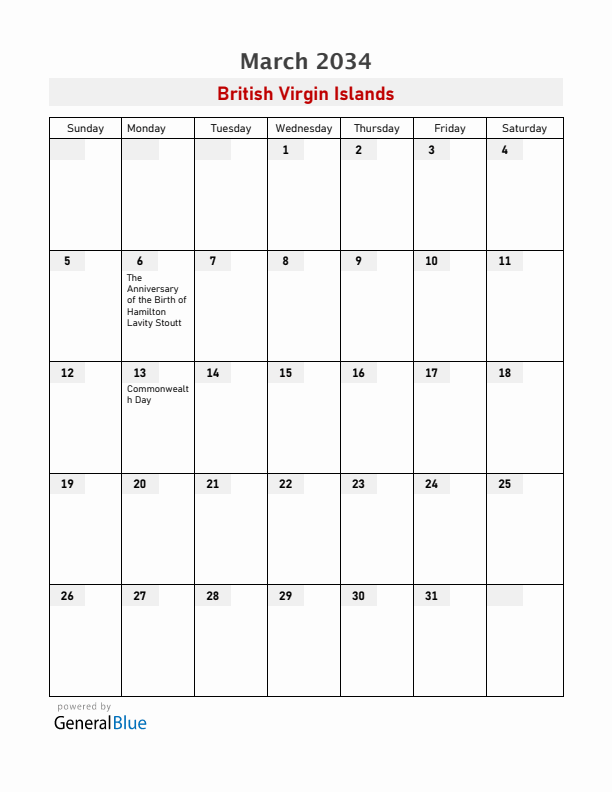 British Virgin Islands March 2034 Calendar with Holidays