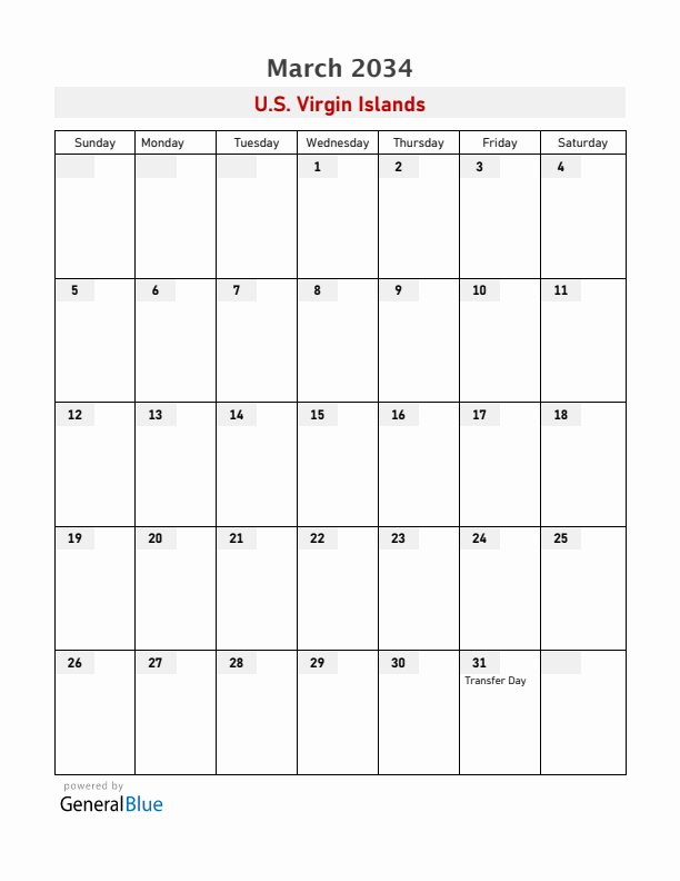 U.S. Virgin Islands March 2034 Calendar with Holidays