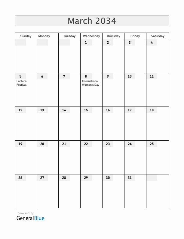 Vietnam March 2034 Calendar with Holidays